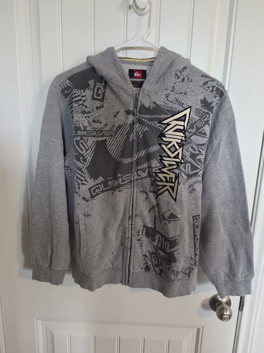 Quiksilver Boys XL 16-18 Gray Full Zip Graphic Hoodie Sweatshirt Skate Surf Y2K